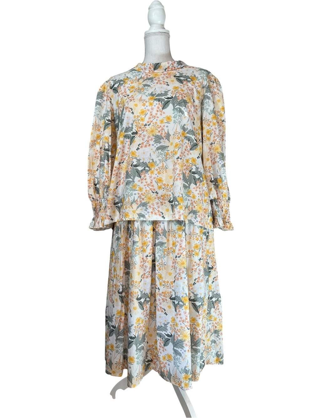 BURU Floral A-Line Midi Skirt in Yellow, Peach & Green With Matching Blouse